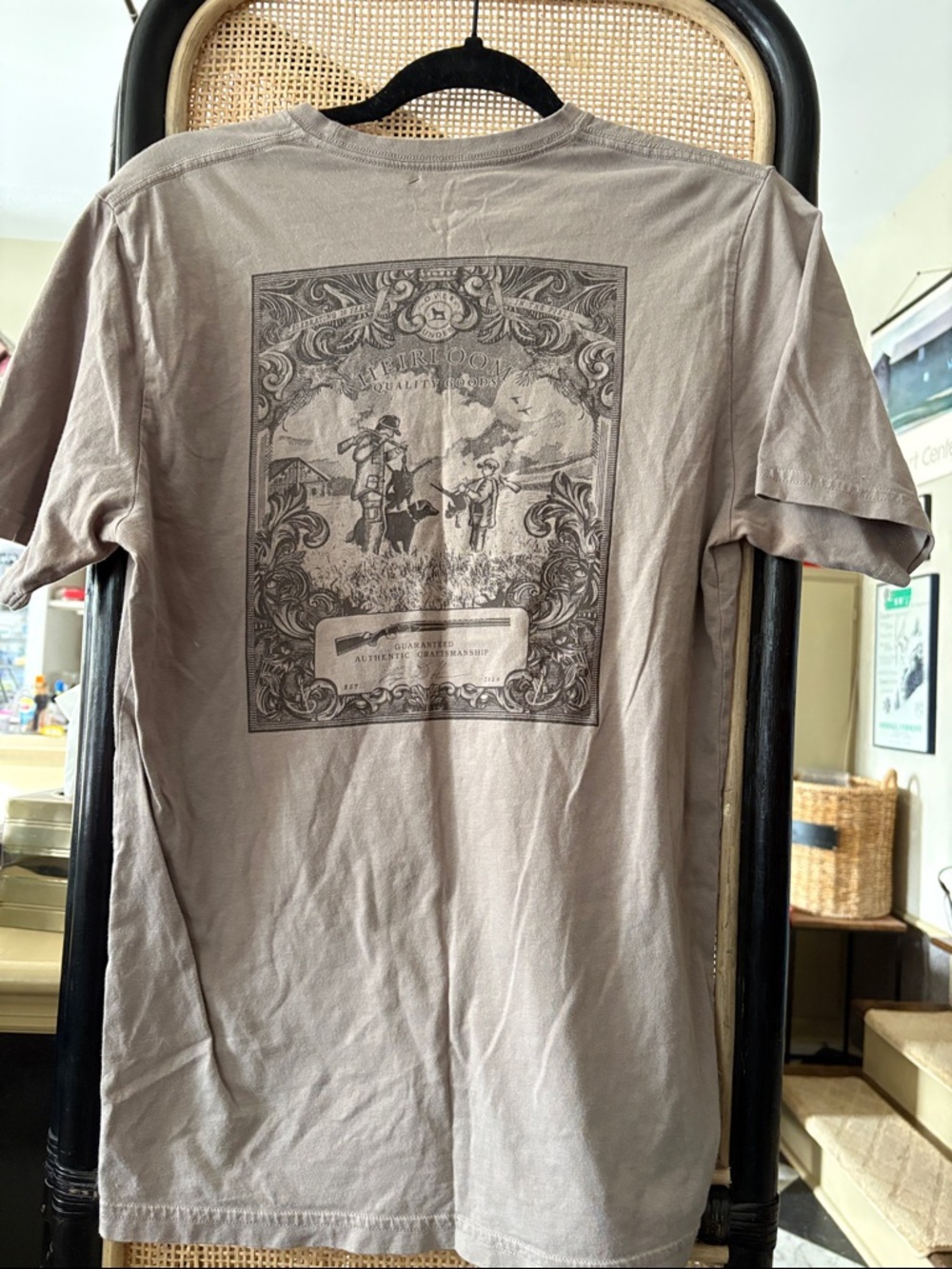 OVER UNDER Men's Small Graphic Pocket T-Shirt in Taupe. Father/Son Hunting Scene